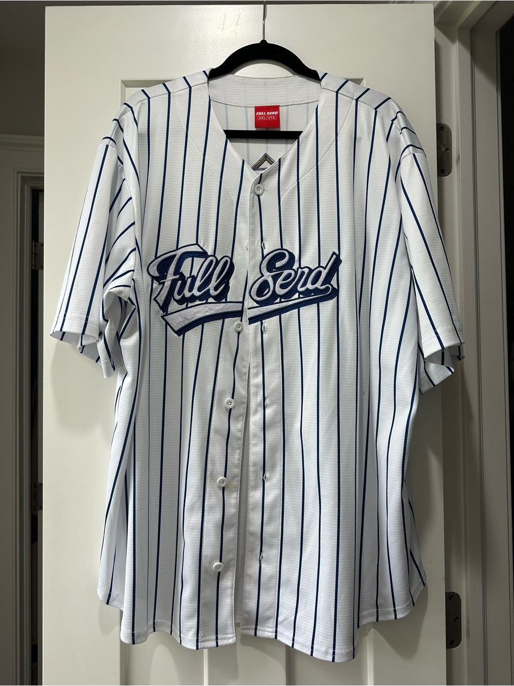 Full Send White/Navy Pinstripe Baseball Jersey